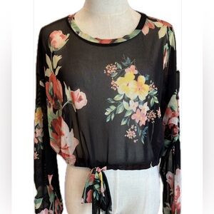 Meek Mesh Wrap Crop Boho Y2K Preppy Black Multi Color Floral Angel Neckline S
